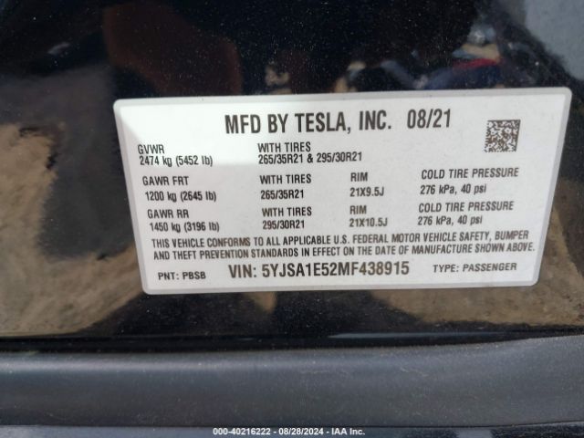 5YJSA1E52MF438915 Tesla Model S Long Range Dual Motor All-wheel Drive