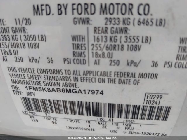 1FM5K8AB6MGA17974 Ford Police Interceptor Utility