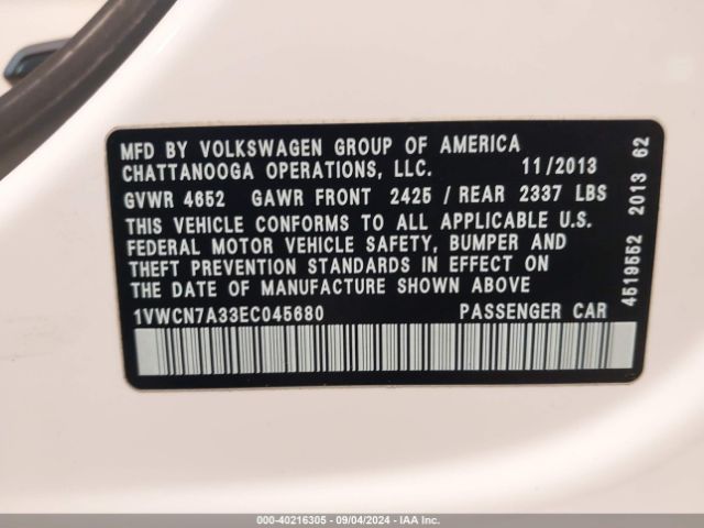 1VWCN7A33EC045680 Volkswagen Passat 2.0l Tdi Sel Premium