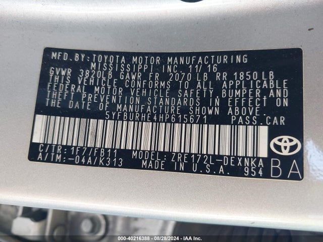 Toyota COROLLA LE 2017 5YFBURHE4HP615671 Image 9