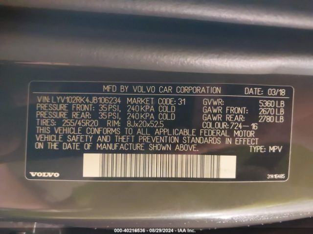 LYV102RK4JB106234 Volvo Xc60 T5 Momentum