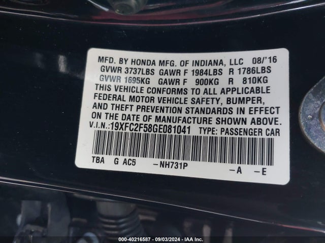 Honda Civic Lx 2016 19XFC2F58GE081041 Image 9