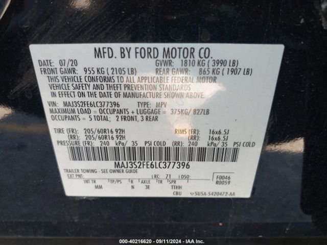 MAJ3S2FE6LC377396 Ford ECOSPORT S