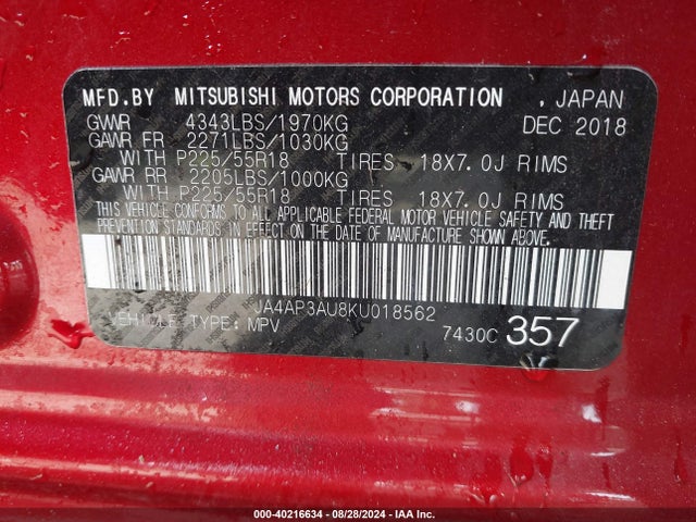 2019 MITSUBISHI OUTLANDER SPORT JA4AP3AU8KU018562 Photo 8