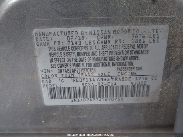 Nissan SENTRA SR 2018 3N1AB7AP7JY270758 Image 9