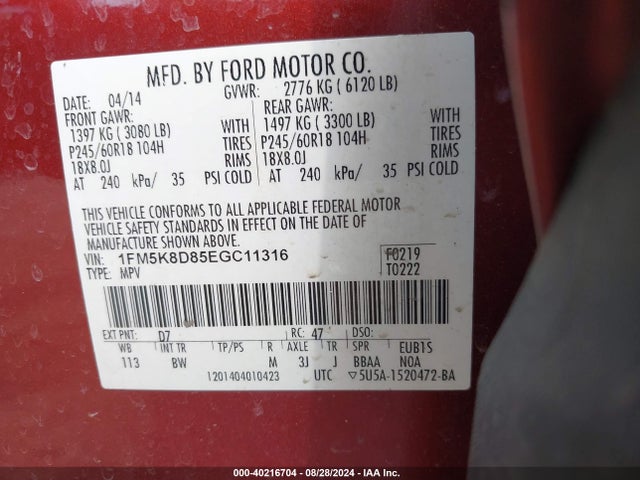 Ford EXPLORER XLT 2014 1FM5K8D85EGC11316 Image 9