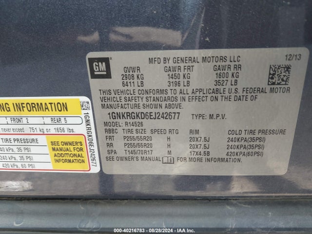 Chevrolet Traverse 1lt 2014 1GNKRGKD6EJ242677 Image 9