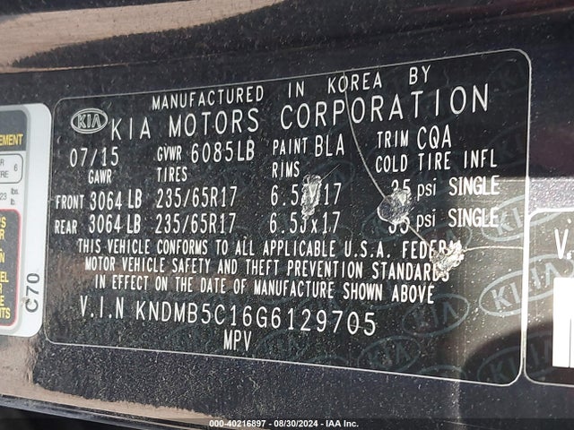 KIA SEDONA LX 2016 KNDMB5C16G6129705 Image 9