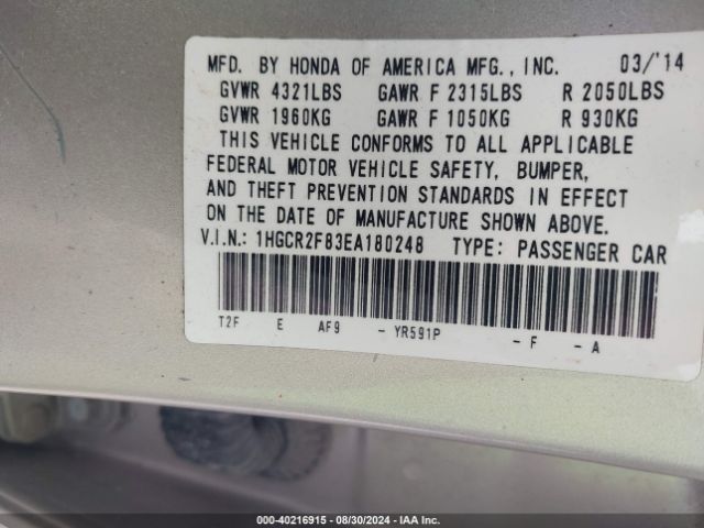1HGCR2F83EA180248 Honda Accord Ex-l