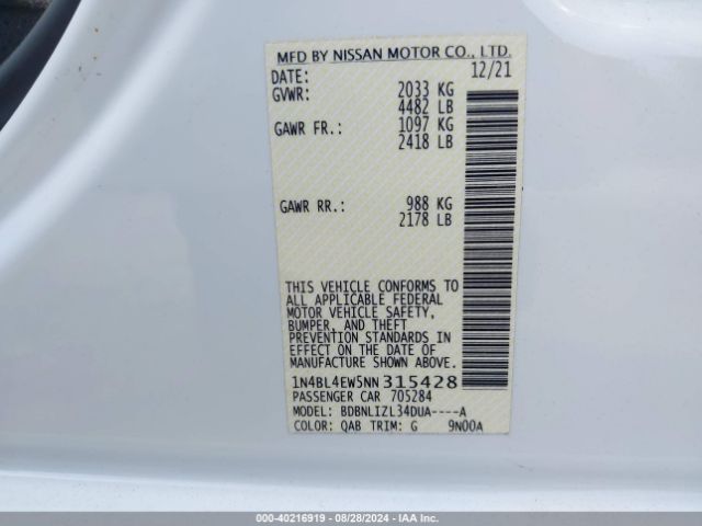 1N4BL4EW5NN315428 Nissan Altima Sl Intelligent Awd