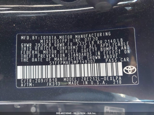 Toyota COROLLA LE 2021 5YFEPMAE3MP149307 Image 9