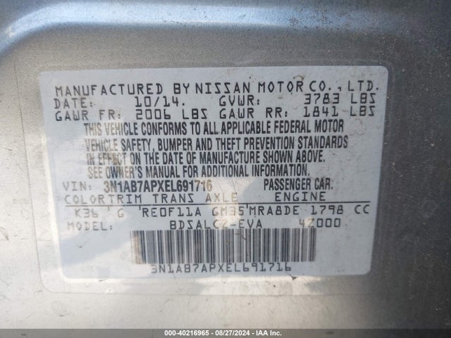 Nissan SENTRA S 2014 3N1AB7APXEL691716 Image 9