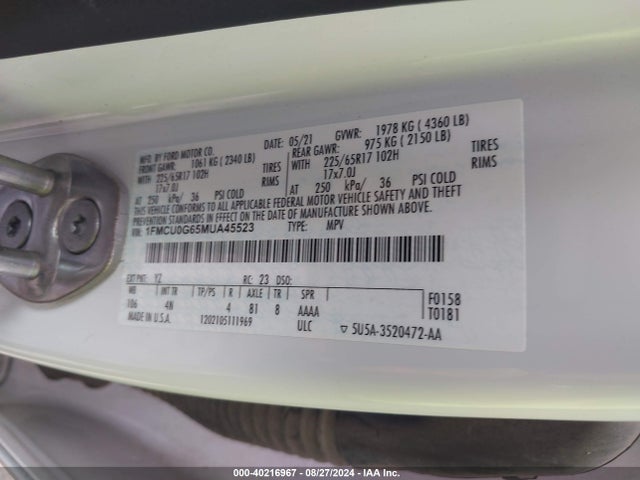 Ford ESCAPE SE 2021 1FMCU0G65MUA45523 Image 9