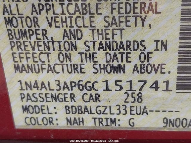 1N4AL3AP6GC151741 Nissan Altima 2.5/2.5 S/2.5 Sl/2.5 Sr/2.5 Sv