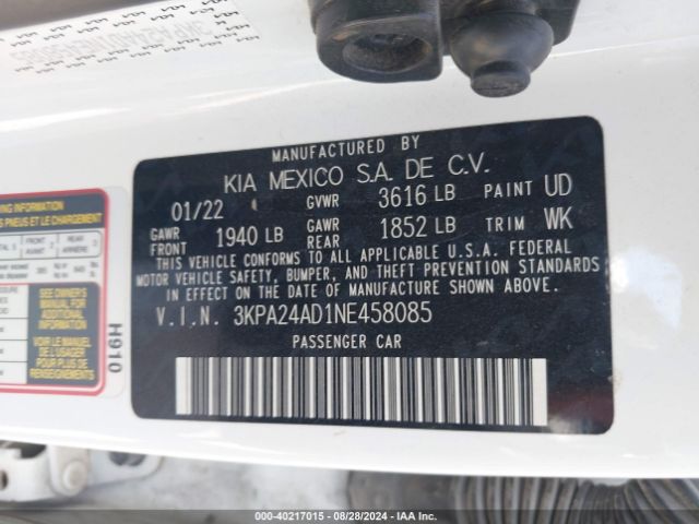 3KPA24AD1NE458085 KIA RIO S