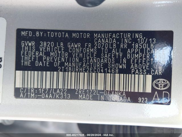 2T1BURHE2EC041468 Toyota Corolla Le Premium