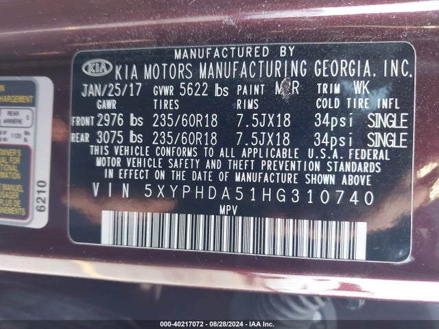 KIA Sorento 3.3l Ex 2017 5XYPHDA51HG310740 Image 9