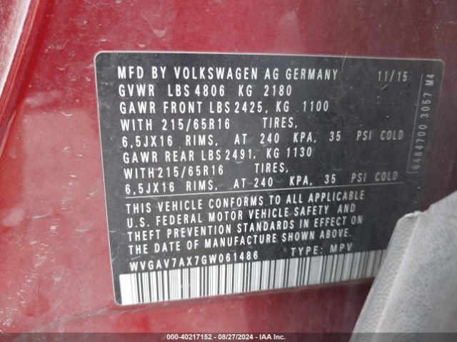 WVGAV7AX7GW061486 Volkswagen TIGUAN S