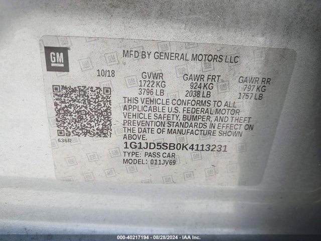 Chevrolet SONIC LT 2019 1G1JD5SB0K4113231 Image 9