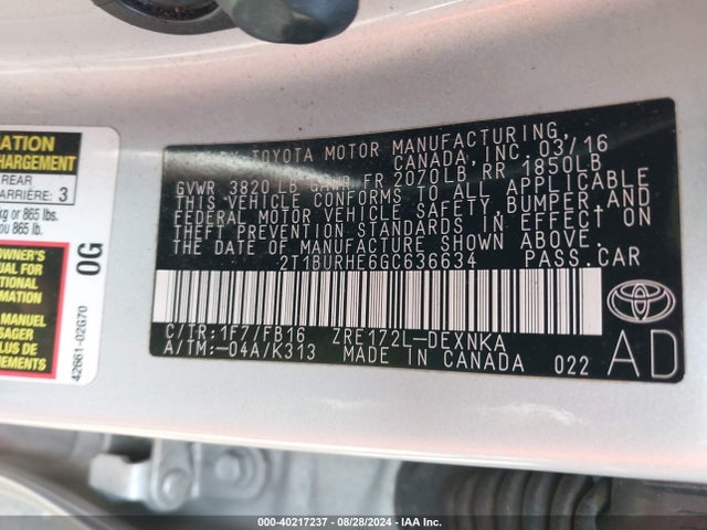 Toyota COROLLA LE 2016 2T1BURHE6GC636634 Image 9
