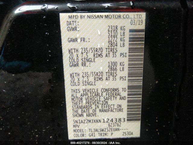 5N1AZ2MJXKN124383 Nissan Murano Platinum