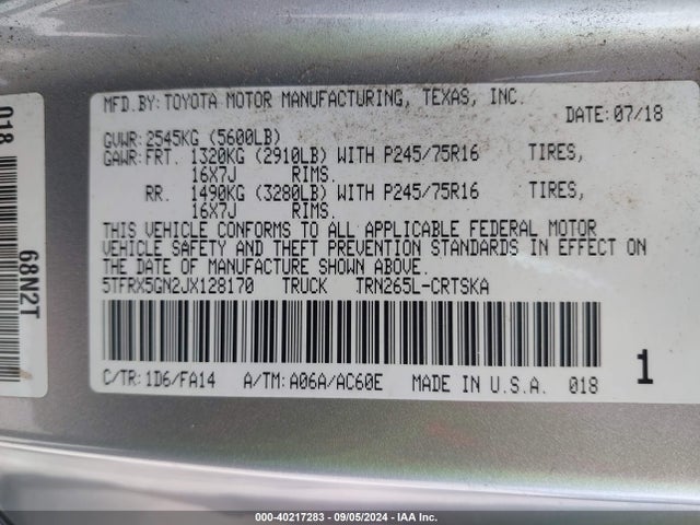 Toyota Tacoma Sr 2018 5TFRX5GN2JX128170 Image 9