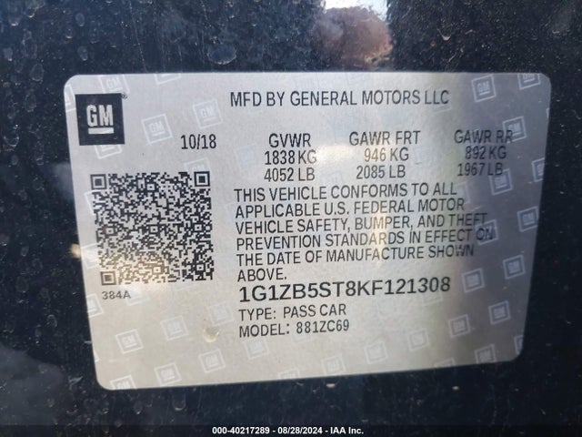 Aukcja sprzedaży 2019 Chevrolet Malibu 1ls, vin: 1G1ZB5ST8KF121308, numer aukcji: 40217289