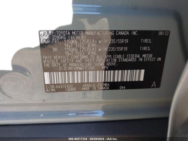 2T3C1RFV8NW217249 Toyota Rav4 Xle Premium