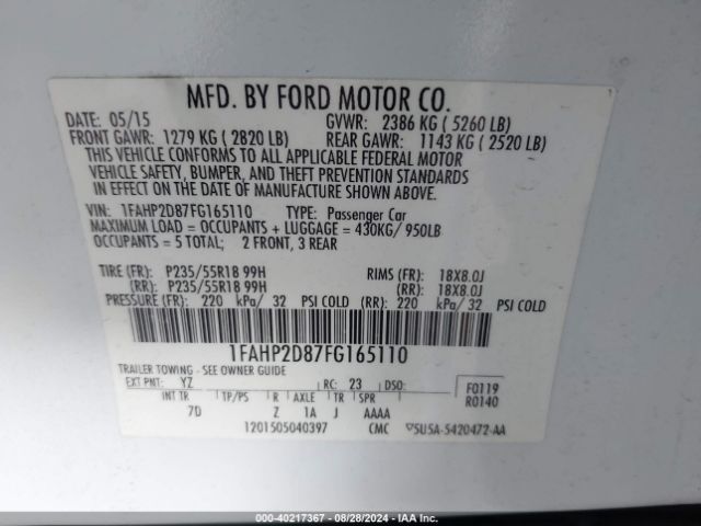 1FAHP2D87FG165110 Ford TAURUS SE