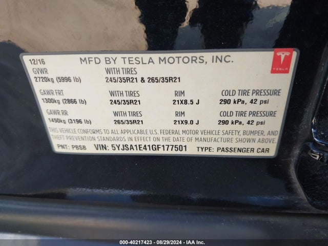 Tesla Model S 90d/p100d/p85d/p90d 2016 5YJSA1E41GF177501 Image 8