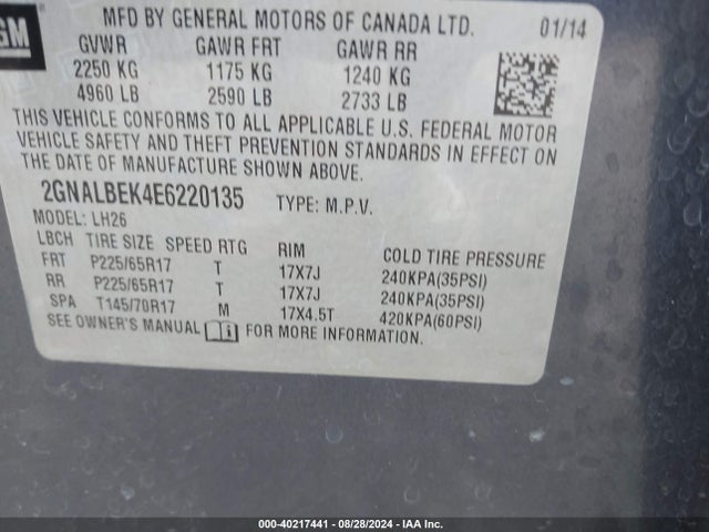 Chevrolet EQUINOX 1LT 2014 2GNALBEK4E6220135 Image 9