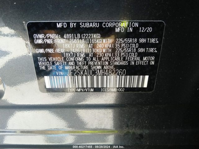 JF2SKAUC3MH482260 Subaru Forester Limited