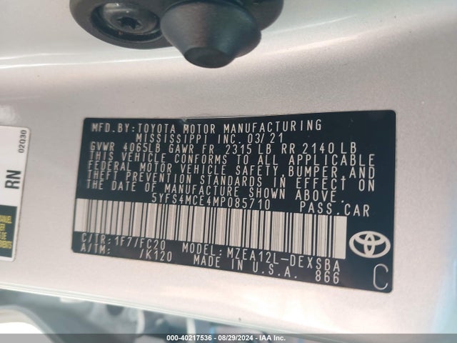 5YFS4MCE4MP085710 Toyota COROLLA SE