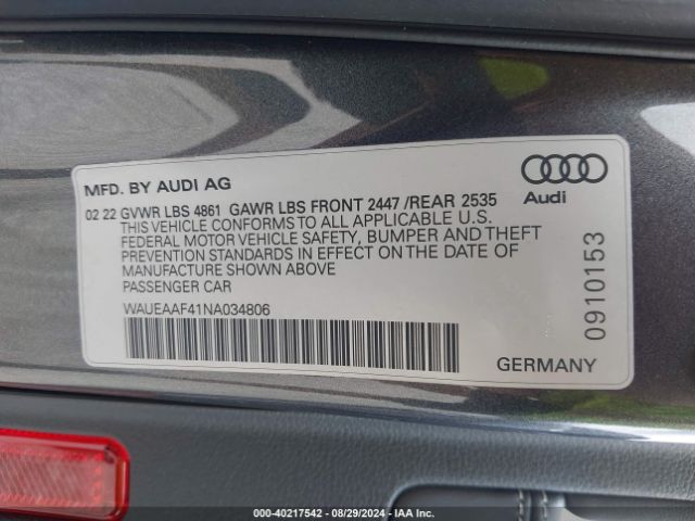 WAUEAAF41NA034806 Audi A4 Premium Plus 45 Tfsi S Line Quattro S Tronic