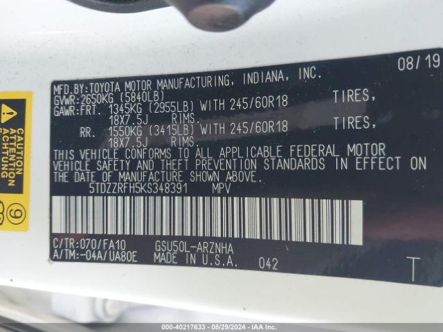 5TDZZRFH5KS348391 Toyota Highlander Le Plus