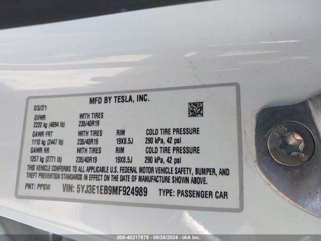 2021 TESLA MODEL 3 5YJ3E1EB9MF924989 Photo 8