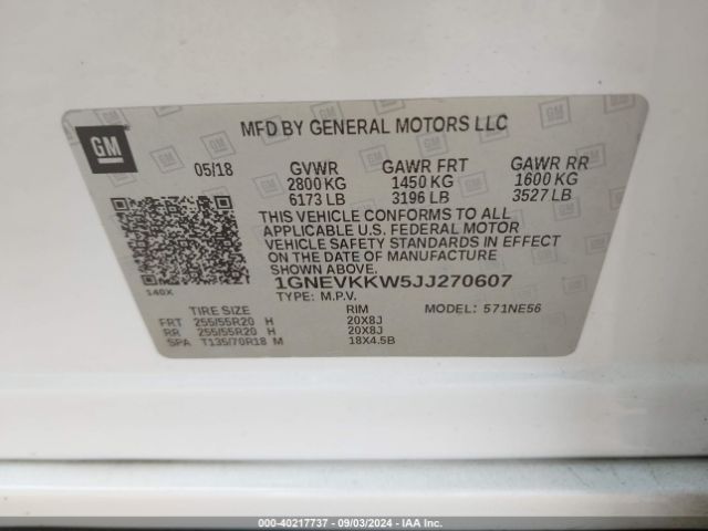 1GNEVKKW5JJ270607 Chevrolet Traverse High Country