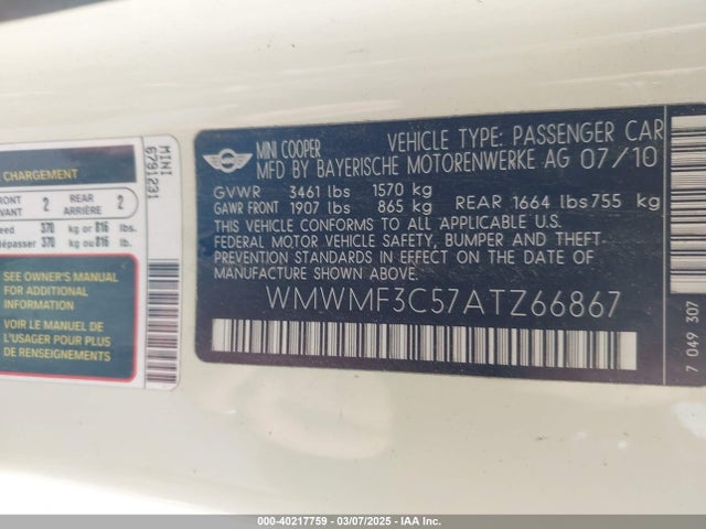 2010 MINI COOPER WMWMF3C57ATZ66867 Photo 8