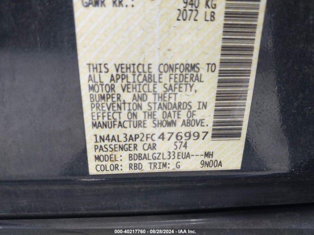 Nissan Altima 2.5 S 2015 1N4AL3AP2FC476997 Image 9