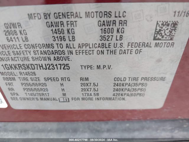 1GKKRSKD7HJ231725 GMC Acadia Limited