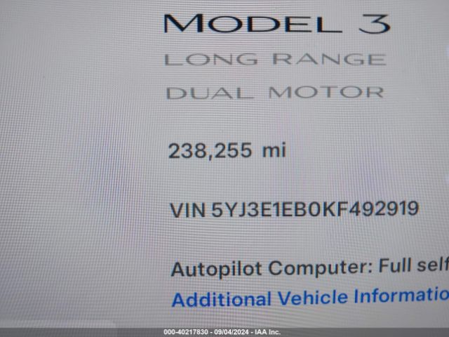 5YJ3E1EB0KF492919 Tesla Model 3 Long Range/performance