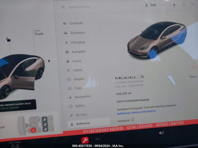 5YJ3E1EB0KF492919 Tesla Model 3 Long Range/performance