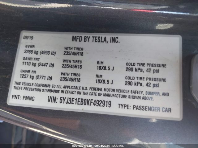 5YJ3E1EB0KF492919 Tesla Model 3 Long Range/performance