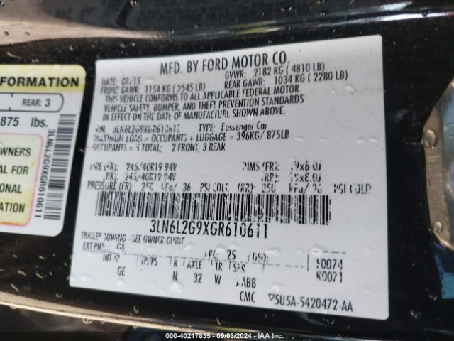 3LN6L2G9XGR610611 Lincoln MKZ