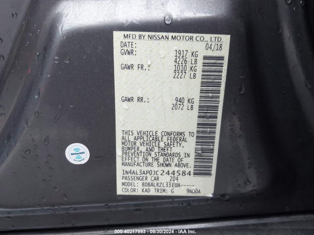 Nissan Altima 2.5 Sl 2018 1N4AL3AP0JC244584 Image 9