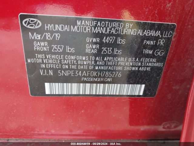 5NPE34AF0KH785276 Hyundai SONATA SEL