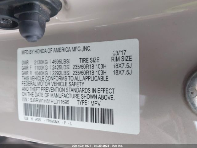 5J6RW1H81HL011695 Honda Cr-v Ex-l/ex-l Navi