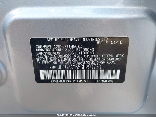 JF1GPAY65GH293730 Subaru Impreza 2.0i Sport Limited