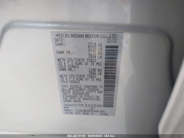 5N1AZ2CJ7PC115046 Nissan Murano Sl Fwd