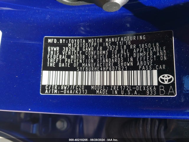 Toyota COROLLA SE 2017 5YFBURHE4HP607621 Image 9